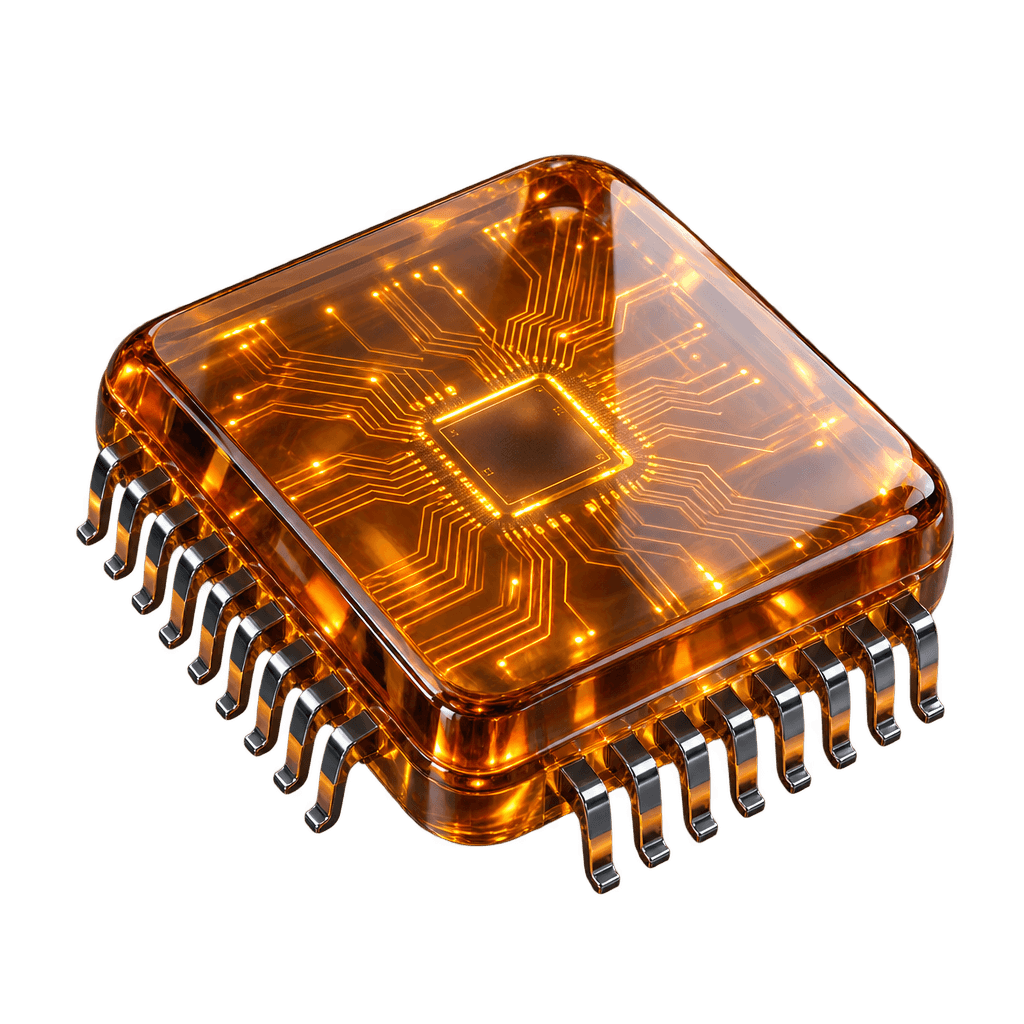 An amber glass processor with glowing traces.