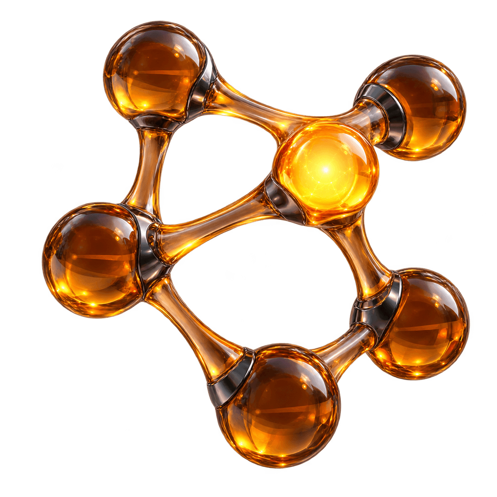A ring of amber glass spheres joined by glass rods: the mesh.